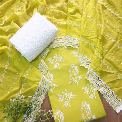 Blissta Lemon Yellow All Over Thread Work Detailing Cotton Suit Set ...