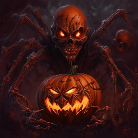 cursed Eerie undead pumpkin with black eyes, undead aura, skin covered in spider tattoos, undead ...