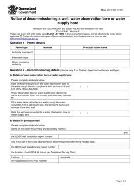 Fillable Online Notice of decommissioning a well water observation bore ...
