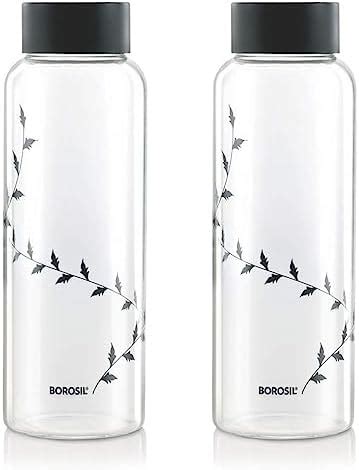Borosil Crysto Krip Glass Water Bottle 1L, Wide Mouth, Black SS Lid ...