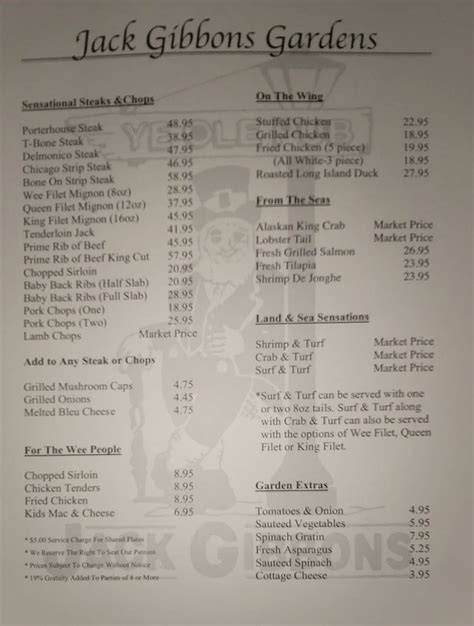 Menu at Jack Gibbons Gardens steakhouse, Oak Forest