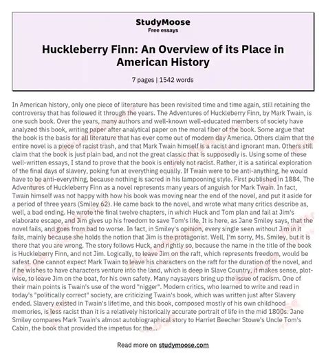 Huckleberry Finn: An Overview of its Place in American History Free ...