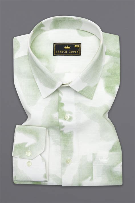 Sage Green and White Casual Prints Premium Linen Shirt For Men