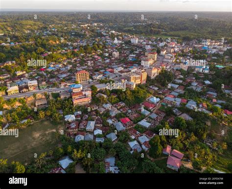 Aerial Drone shot of Chake Chake City, a Capital of Pemba island, Zanzibar archipelago. City in ...