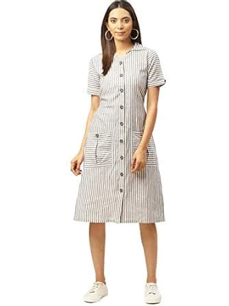 Buy Cottinfab Women Off-White & Black Striped Shirt Dress (S) at Amazon.in