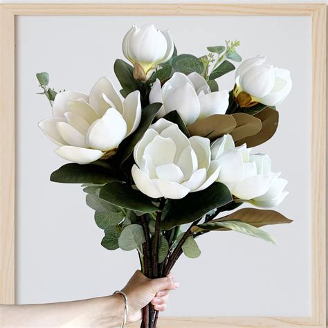 Amazon.com: Yunlly 3 Pcs Artificial Magnolia Flower Long Stem Magnolia ...