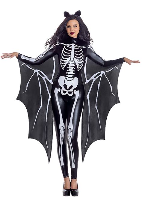 Sexy Women's Skeleton Bat Jumpsuit Costume with Attached Wings | Bat ...