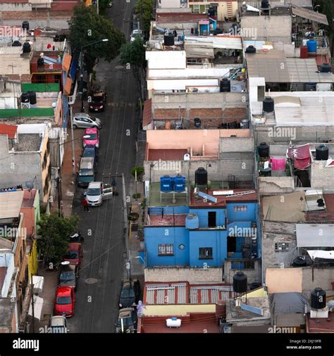 Overview of an urban street and homes in Mexico City, Miguel Hidalgo ...