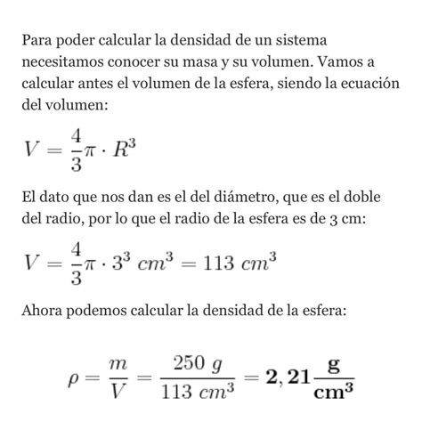 la densidad de una esfera tiene una masa de 580 mg y un diámetro de 4 ...