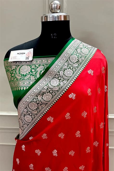 Red and Green Chaman Buti Katan Silk Banarasi Saree – Mohsin Textiles