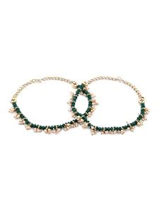 ZAVERI PEARLS Green Crystal Beaded Pearl Drops Kundan Traditional Payal ...