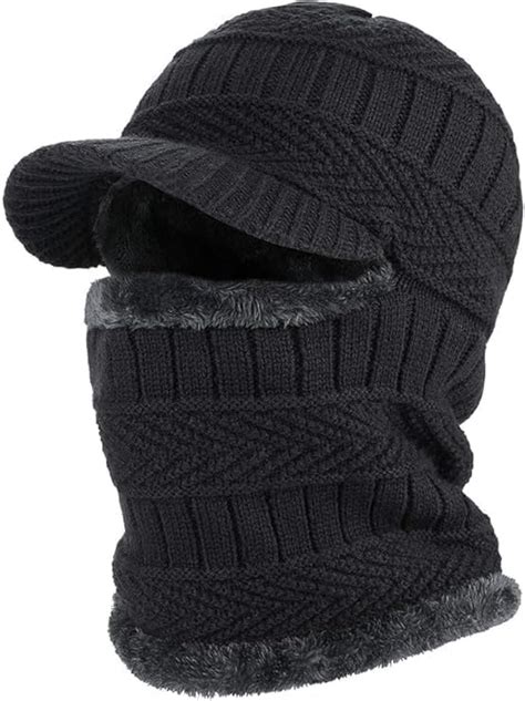 Buy Winter Knit Beanie Hat with Visor and Neck Warmer, Black Fleece ...
