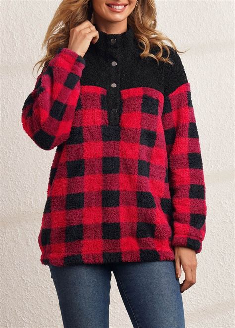 Plaid Turndown Collar Long Sleeve Red Sweatshirt | Stylish tops for ...