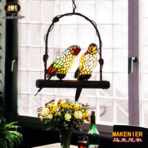 Makenier Vintage Tiffany Style Stained Glass Double Parrots Pendant ...