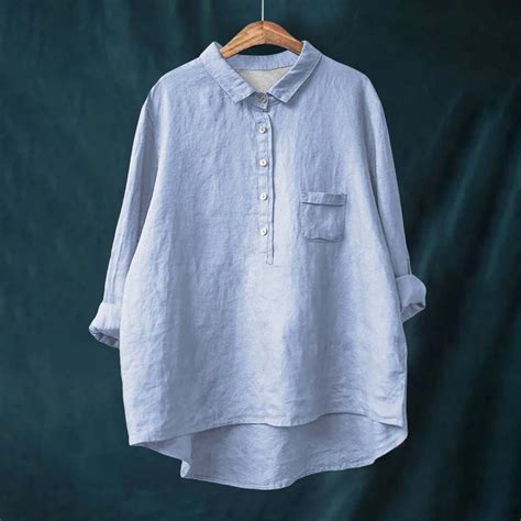 Blue Women Shirts, Women'S Lapel Neck Casual Solid Colour Cotton And ...