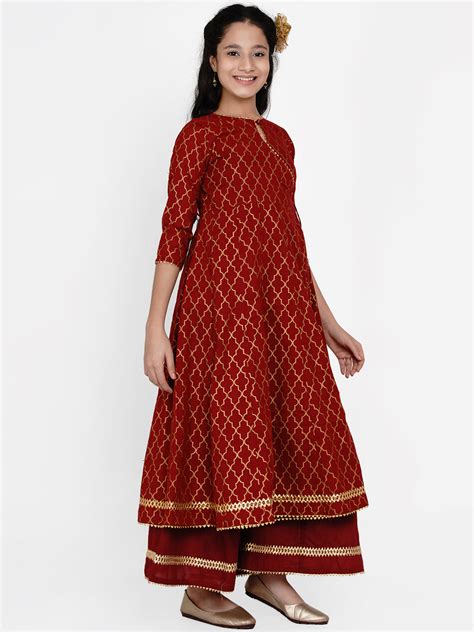 Shop Bitiya By Bhama Girls Maroon & Gold Ethnic Motifs Printed Anarkali ...