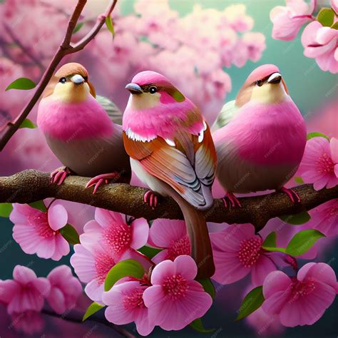 Premium Photo | Three cute birds perched on cherry blossom tree branch ...