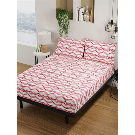 Buy Bianca Pure Cotton Double Bedsheet -3Pc Set Geometric-Peach (Queen ...