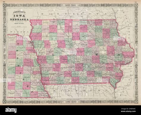 Johnson's Iowa & Nebraska. US state map showing counties 1865 old ...