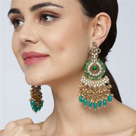 Buy Priyaasi Gold Plated Stone Studded Green And Golden Beads Drop ...