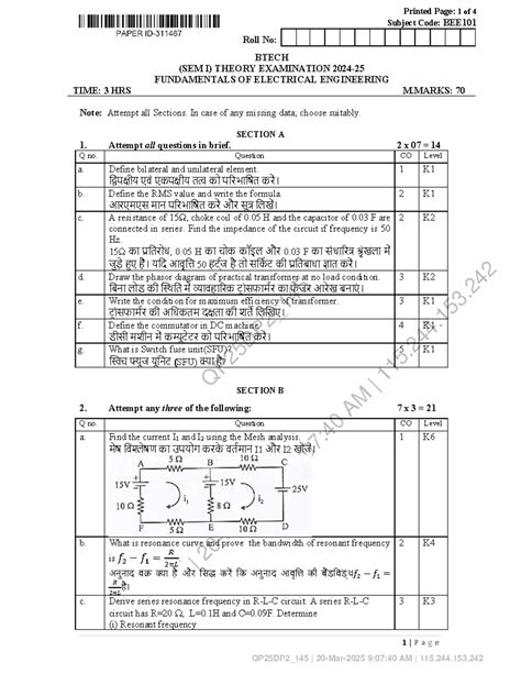 BEE101 BTech 1st Sem Fundamentals of Electrical Engineering Exam Notes ...