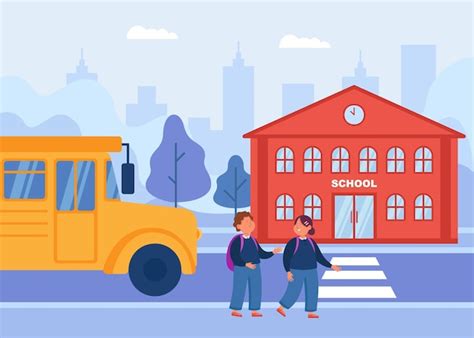 Bus next to cartoon children crossing road to school. girl and boy ...