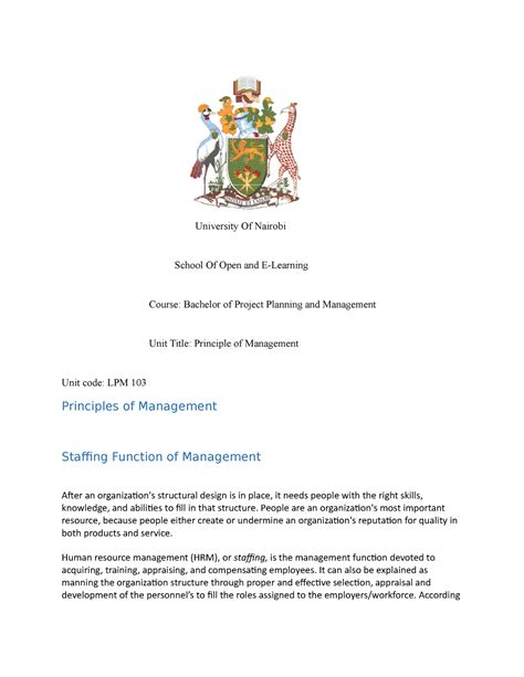 Staffing Function - University Of Nairobi School Of Open and E-Learning Course: Bachelor of ...