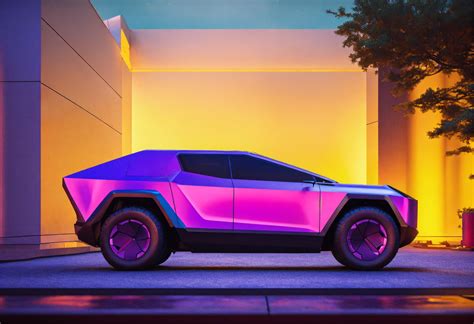 Lexica - Tesla cybertruck, side view, whole car, 4k, 3d render, purple yellow