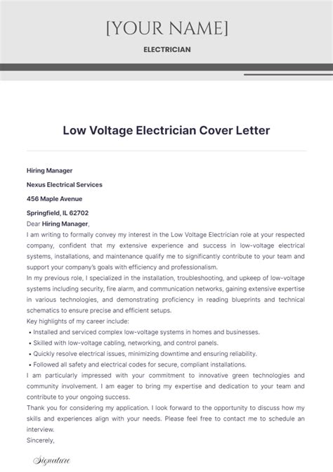 Free Low Voltage Electrician Cover Letter Template to Edit Online