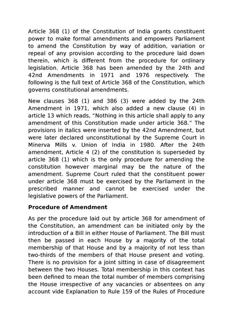 Amendments - procedure - Article 368 (1) of the Constitution of India ...