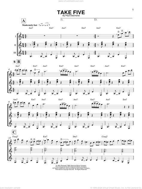 Take Five sheet music for guitar ensemble (PDF)