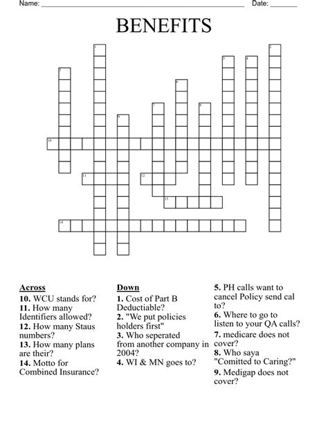 BENEFITS Crossword - WordMint