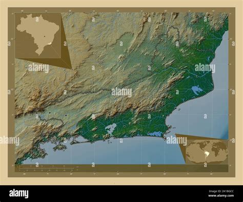 Rio de Janeiro, state of Brazil. Colored elevation map with lakes and rivers. Locations of major ...
