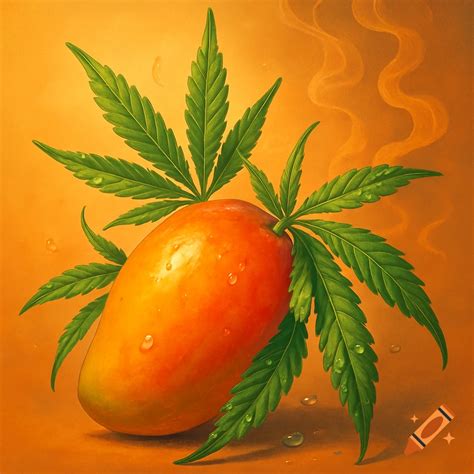 A ripe, orange mango with green cannabis leaves sprouting from its stem, covered in water ...