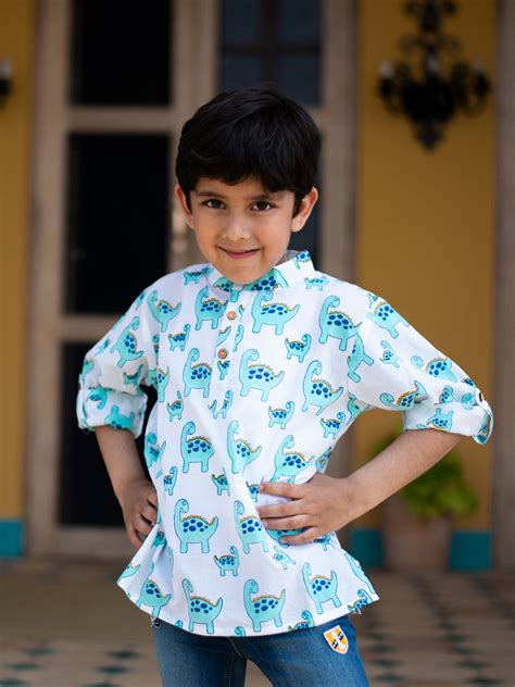 Dino Organic Cotton Shirt Kurta with Roll Up Sleeves | Pinklay