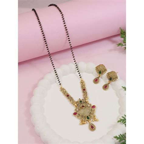 Buy I Jewels Traditional Studded Pendant Bead Chain Mangalsutra with ...