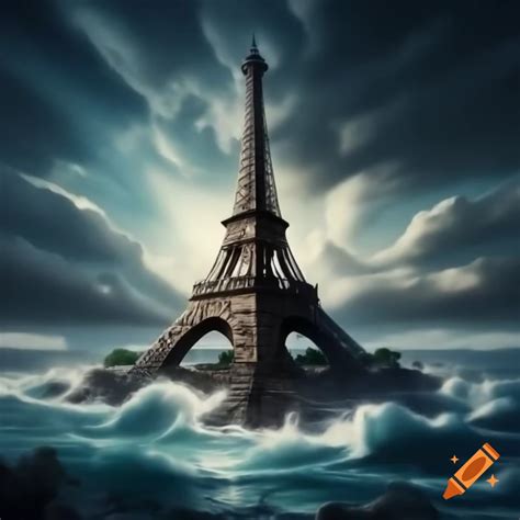 Eiffel Tower designed as a lighthouse on cliff by the sea with light beams illuminating waves on ...
