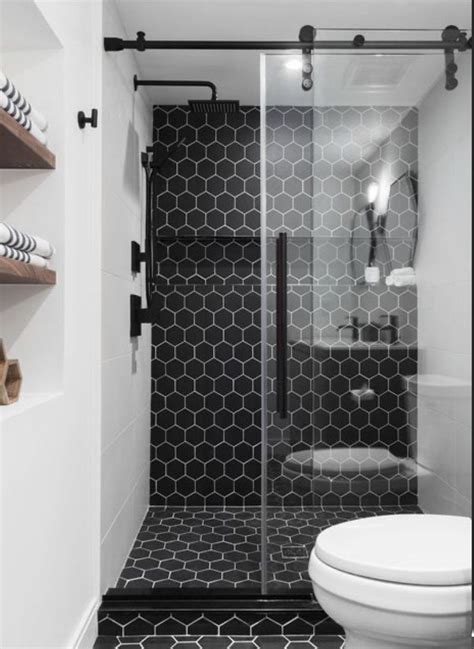 Shower Bathroom Ideas With Hexagon Tile | Small bathroom decor, Black ...