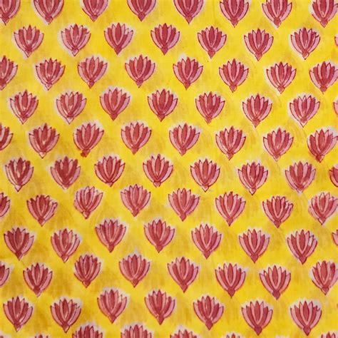 Pure Cotton Jaipuri Yellow With Pink Flower Hand Block Print Fabric ...