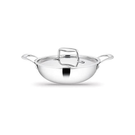 Artista Triply Stainless Steel Shallow Kadhai with Lid| Silver (Induct ...