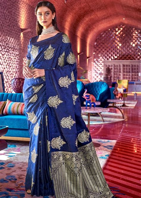 Berry Blue Satin Silk Saree with overall Golden Butti - Clot