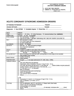 ACUTE CORONARY SYNDROME ADMISSION ORDERS Doc Template | pdfFiller