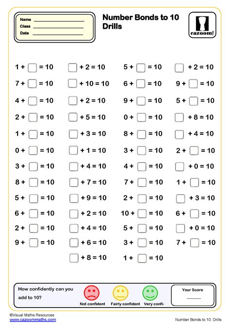 Number Bonds to 10 drills Worksheet (50 questions) | Key Stage 1 PDF ...