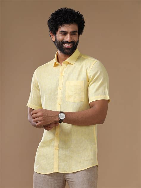 Men Pure Linen Light Yellow Shirt L5