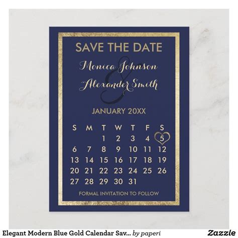 Elegant Modern Blue Gold Calendar Save the Date Announcement Postcard ...