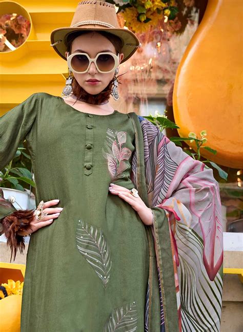 Green Party Wear Pure Muslin Unstitched Suit Dress Material for Women ...