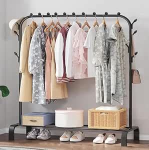 EVRUM Metal Single Garment Stand with Bottom Shelves Garment Rack Metal ...