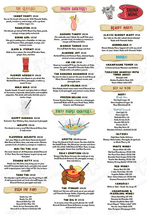 Menu at The Drunk Munk restaurant, Scottsdale