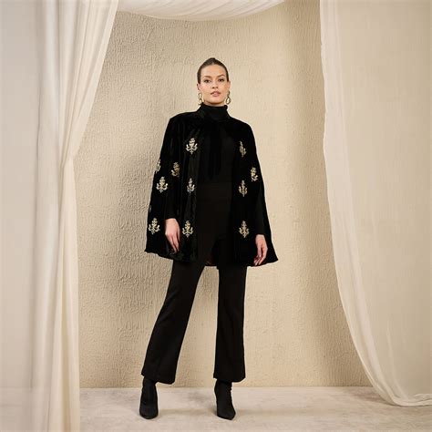 Black and Golden Baroque Hand Embroidered Velvet Long Cape – First ...