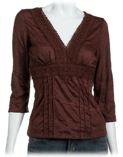JTB Women's Cool Crinkle Crochet Trim V-Neck Top, Chocolate , Medium ...